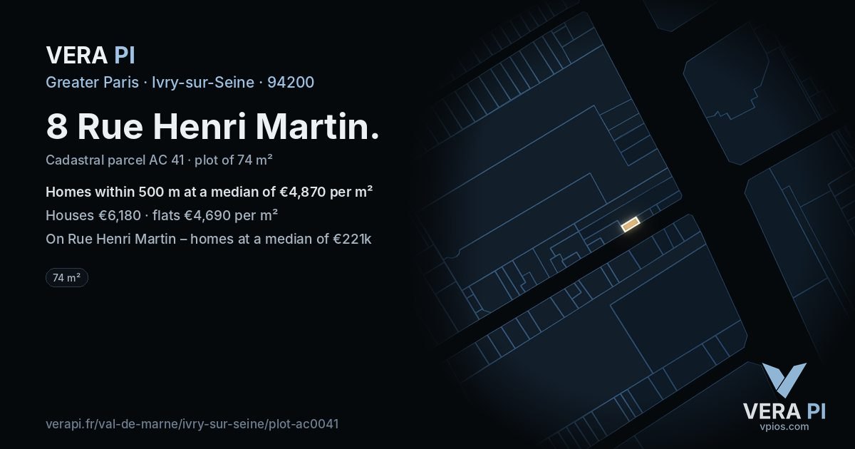 8 Rue Henri Martin, Ivry-sur-Seine at night – the plot lit, the parcels around coloured by the prices near them