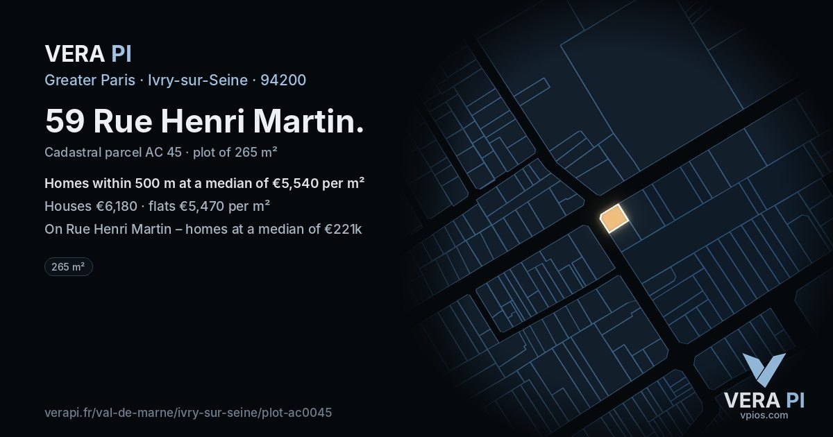 59 Rue Henri Martin, Ivry-sur-Seine at night – the plot lit, the parcels around coloured by the prices near them