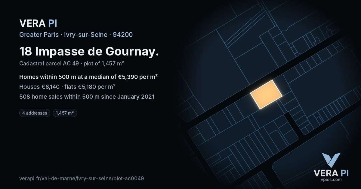 18 Impasse de Gournay, Ivry-sur-Seine at night – the plot lit, the parcels around coloured by the prices near them