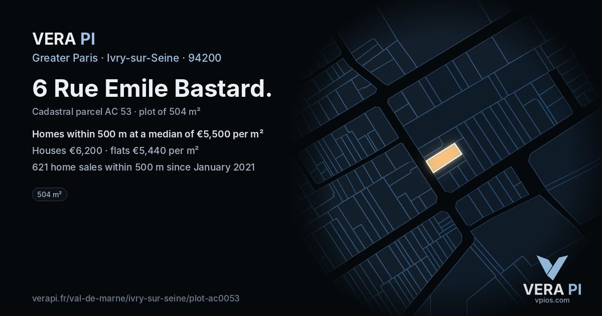 6 Rue Emile Bastard, Ivry-sur-Seine at night – the plot lit, the parcels around coloured by the prices near them