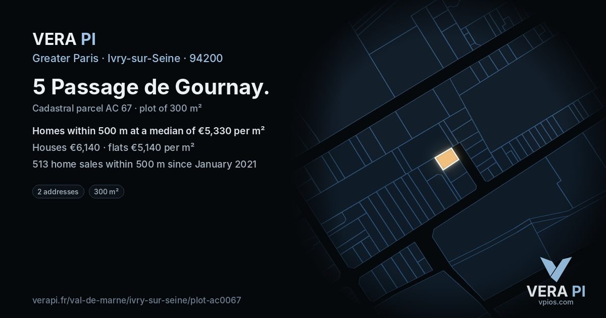 5 Passage de Gournay, Ivry-sur-Seine at night – the plot lit, the parcels around coloured by the prices near them