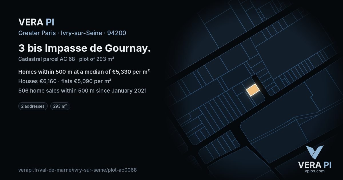 3 bis Impasse de Gournay, Ivry-sur-Seine at night – the plot lit, the parcels around coloured by the prices near them