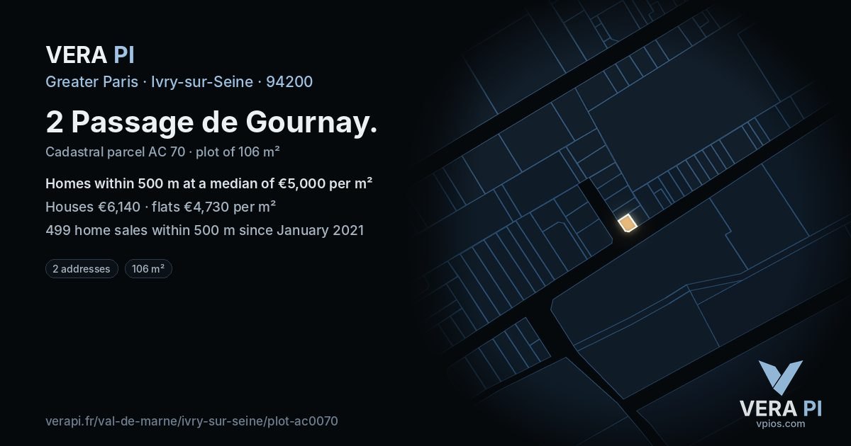 2 Passage de Gournay, Ivry-sur-Seine at night – the plot lit, the parcels around coloured by the prices near them