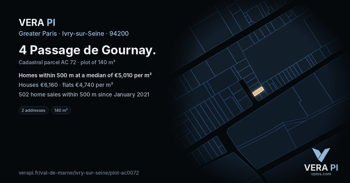 4 Passage de Gournay, Ivry-sur-Seine at night – the plot lit, the parcels around coloured by the prices near them
