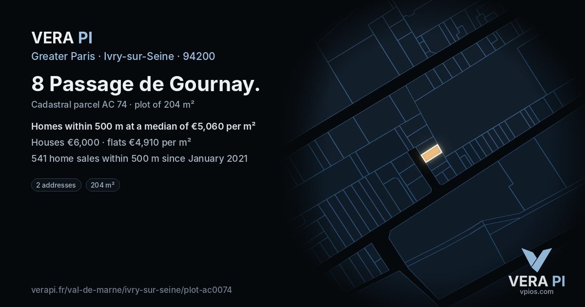8 Passage de Gournay, Ivry-sur-Seine at night – the plot lit, the parcels around coloured by the prices near them