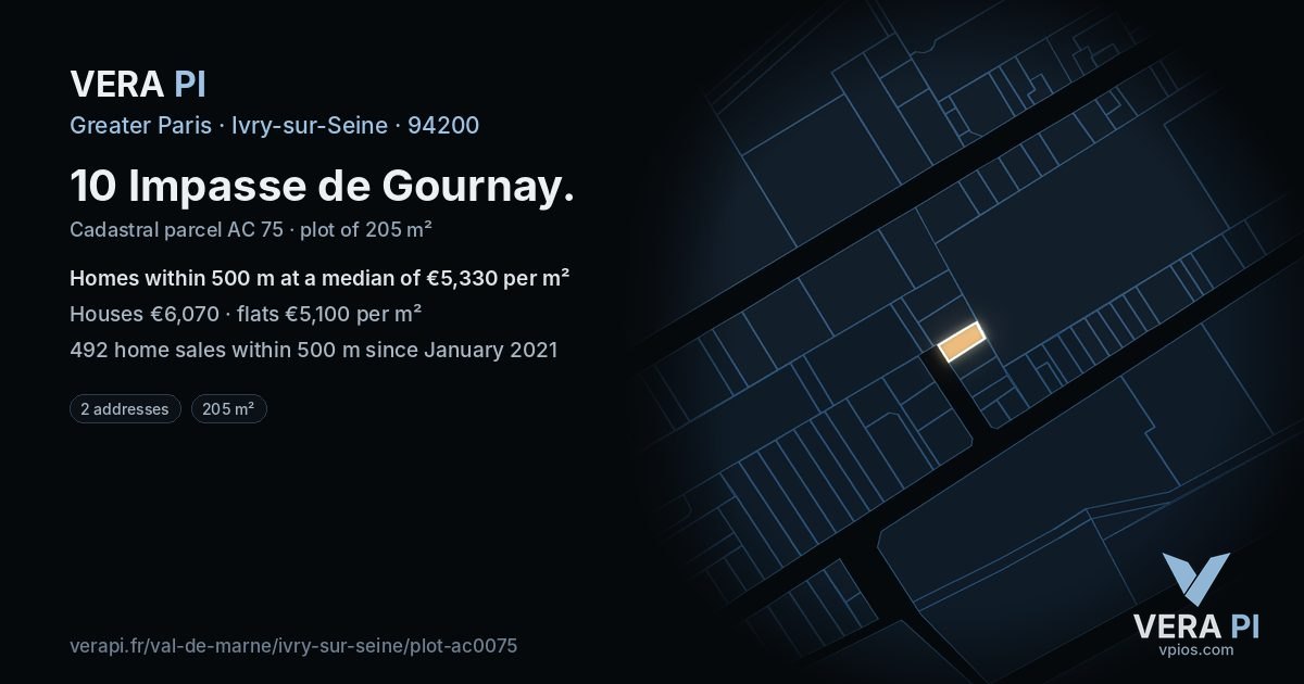 10 Impasse de Gournay, Ivry-sur-Seine at night – the plot lit, the parcels around coloured by the prices near them