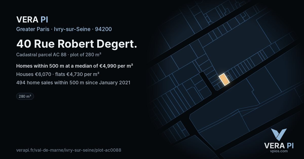 40 Rue Robert Degert, Ivry-sur-Seine at night – the plot lit, the parcels around coloured by the prices near them