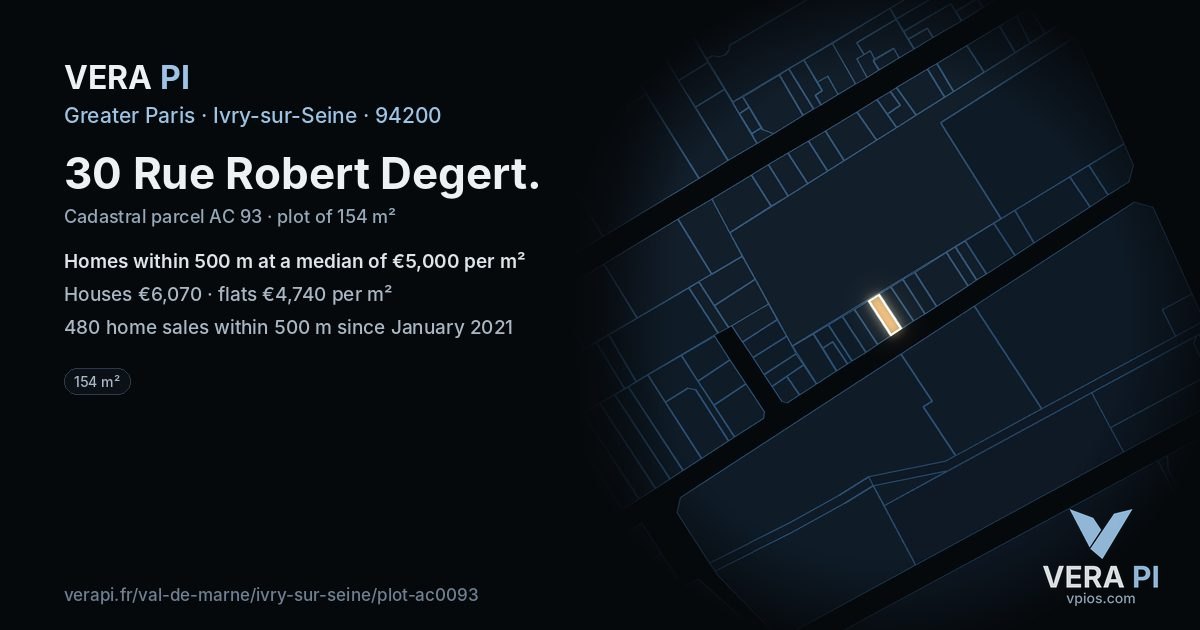 30 Rue Robert Degert, Ivry-sur-Seine at night – the plot lit, the parcels around coloured by the prices near them