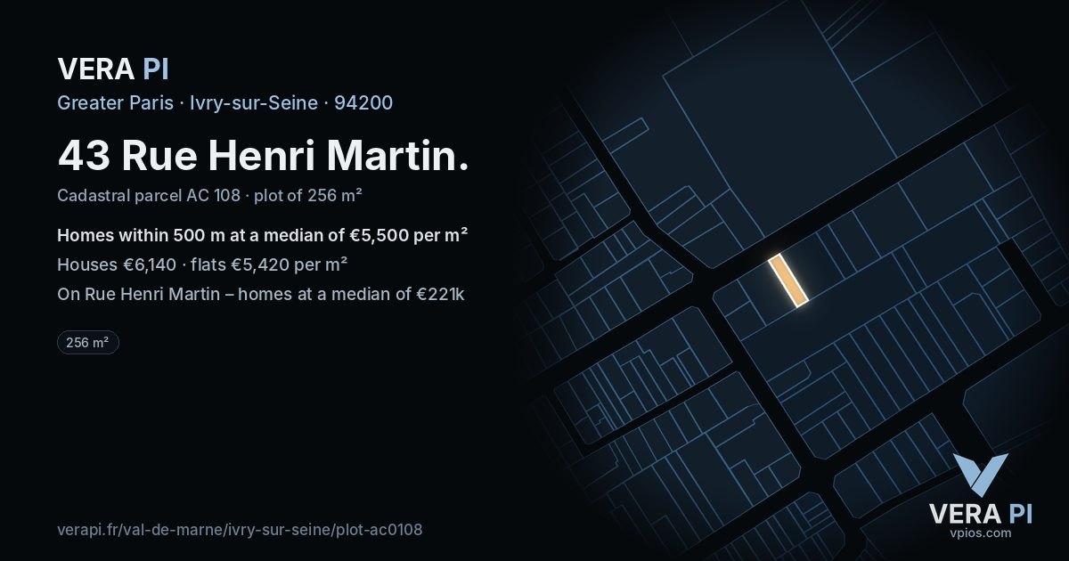 43 Rue Henri Martin, Ivry-sur-Seine at night – the plot lit, the parcels around coloured by the prices near them