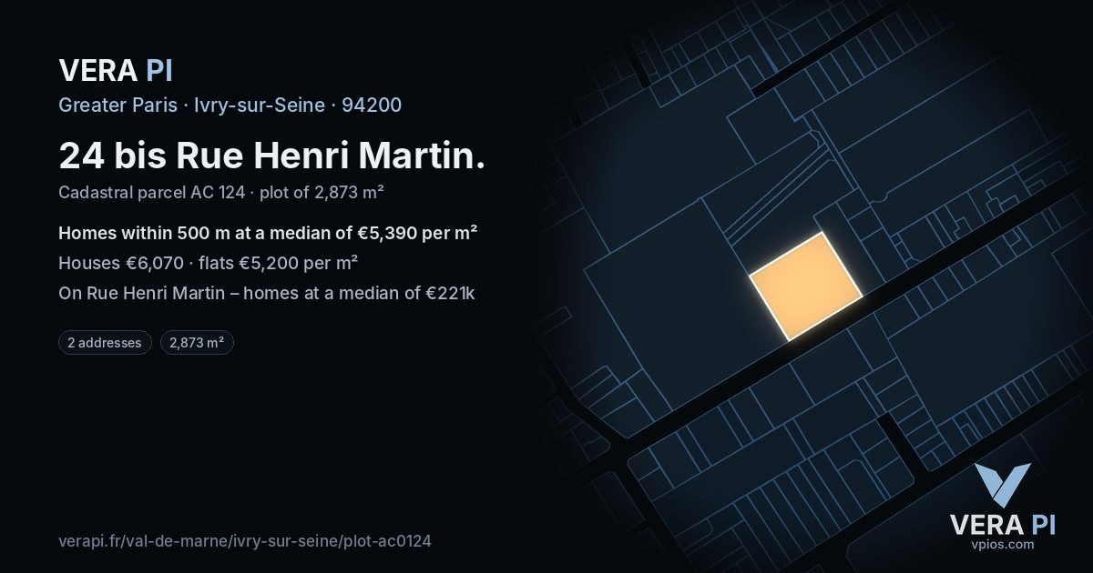 24 bis Rue Henri Martin, Ivry-sur-Seine at night – the plot lit, the parcels around coloured by the prices near them