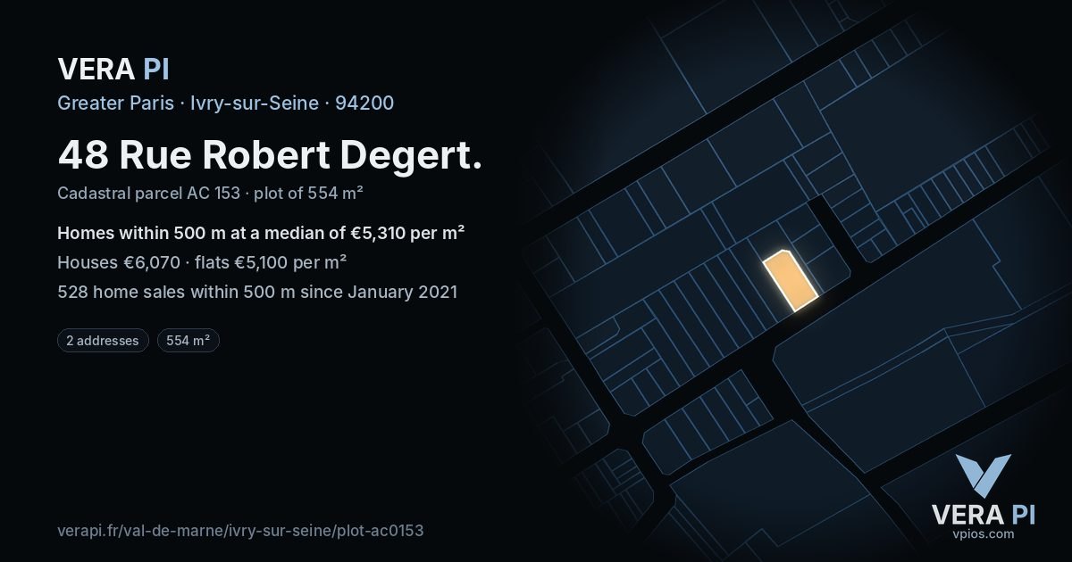 48 Rue Robert Degert, Ivry-sur-Seine at night – the plot lit, the parcels around coloured by the prices near them