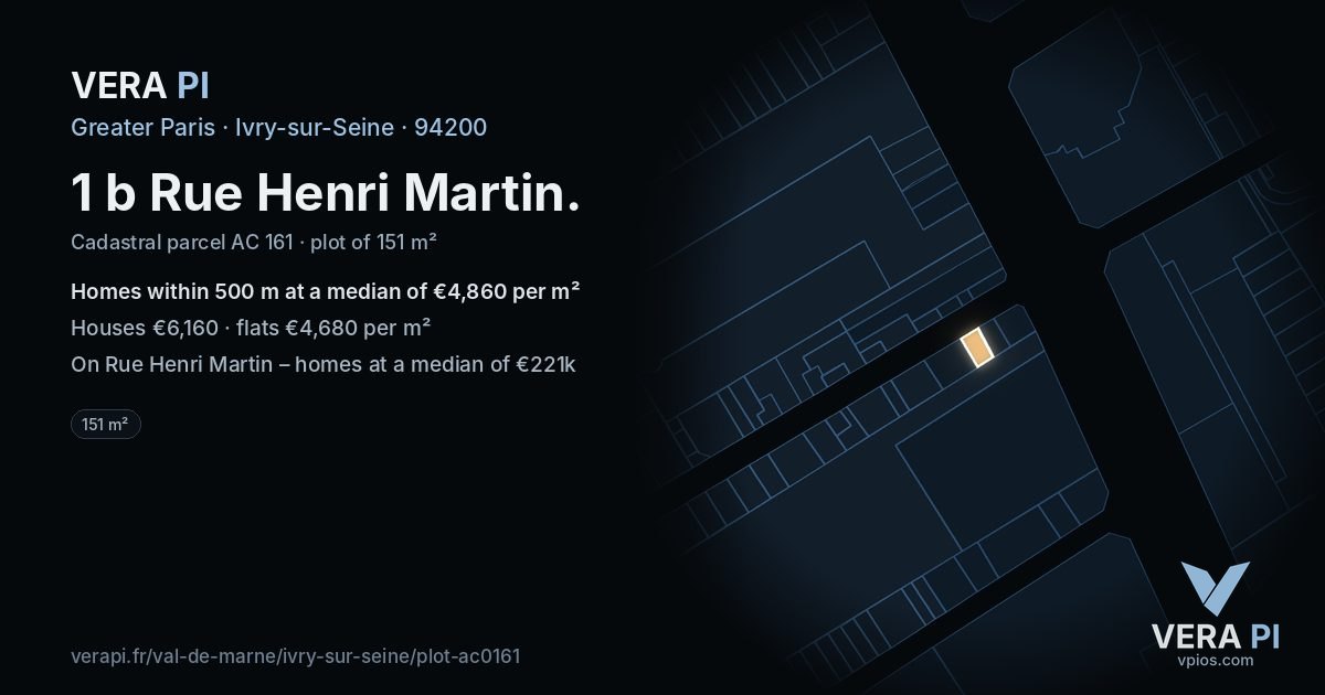 1 b Rue Henri Martin, Ivry-sur-Seine at night – the plot lit, the parcels around coloured by the prices near them