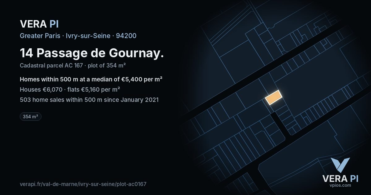 14 Passage de Gournay, Ivry-sur-Seine at night – the plot lit, the parcels around coloured by the prices near them