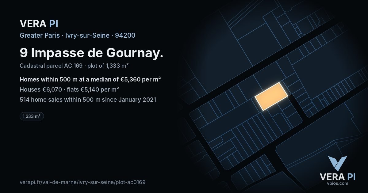 9 Impasse de Gournay, Ivry-sur-Seine at night – the plot lit, the parcels around coloured by the prices near them