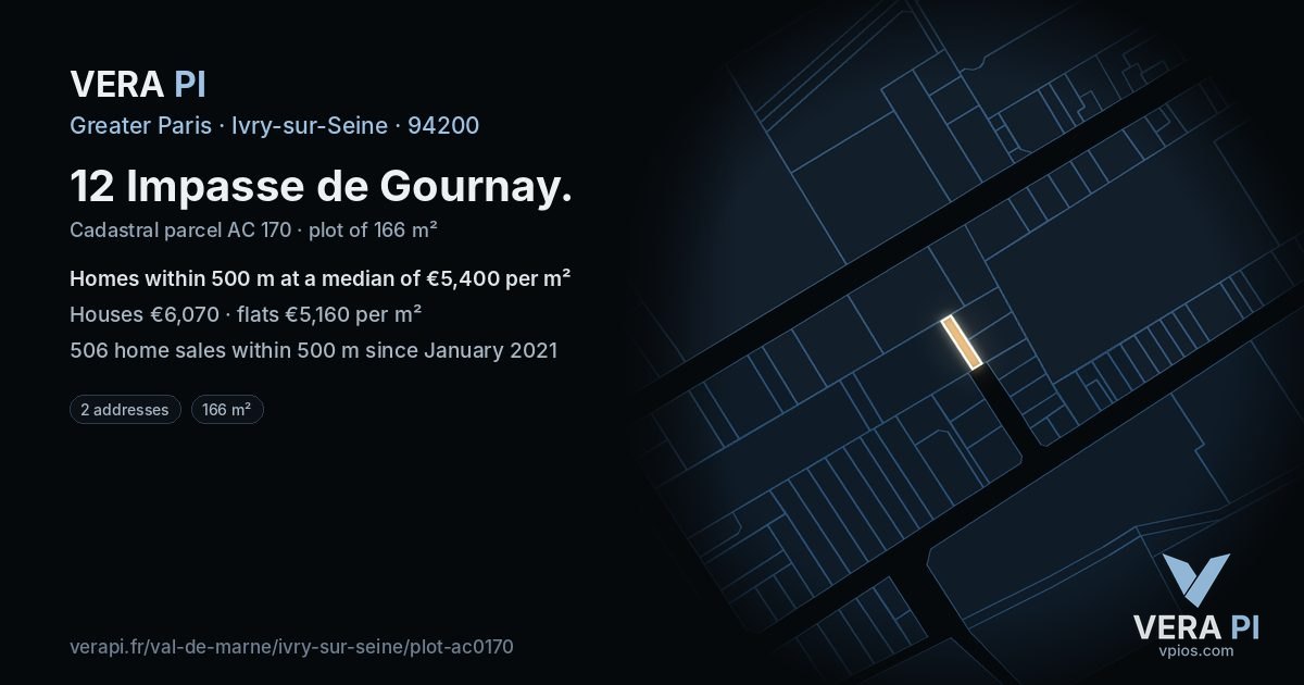 12 Impasse de Gournay, Ivry-sur-Seine at night – the plot lit, the parcels around coloured by the prices near them
