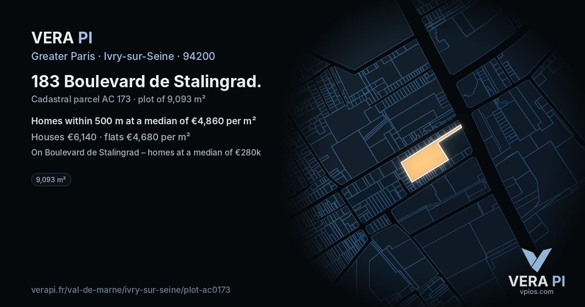 183 Boulevard de Stalingrad, Ivry-sur-Seine at night – the plot lit, the parcels around coloured by the prices near them