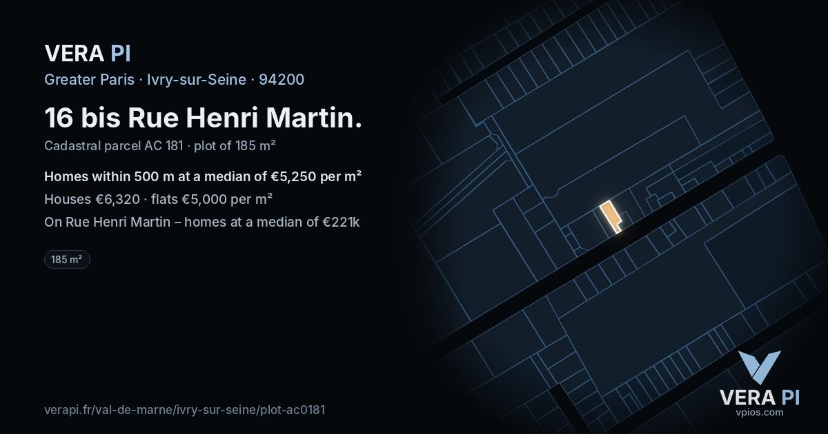 16 bis Rue Henri Martin, Ivry-sur-Seine at night – the plot lit, the parcels around coloured by the prices near them