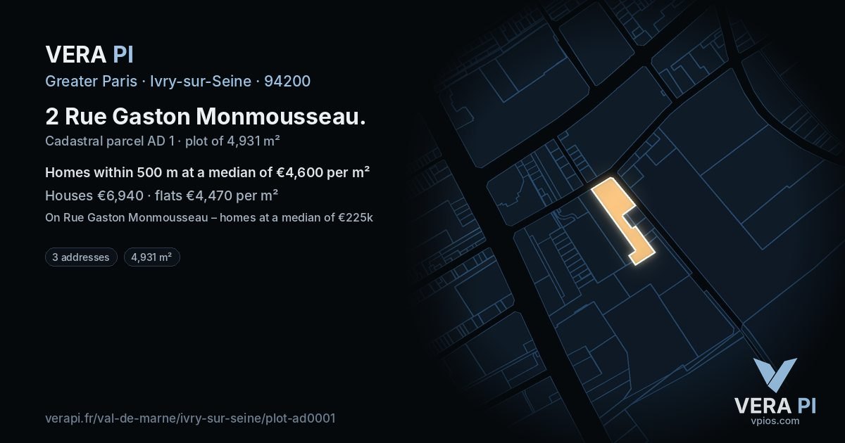 2 Rue Gaston Monmousseau, Ivry-sur-Seine at night – the plot lit, the parcels around coloured by the prices near them