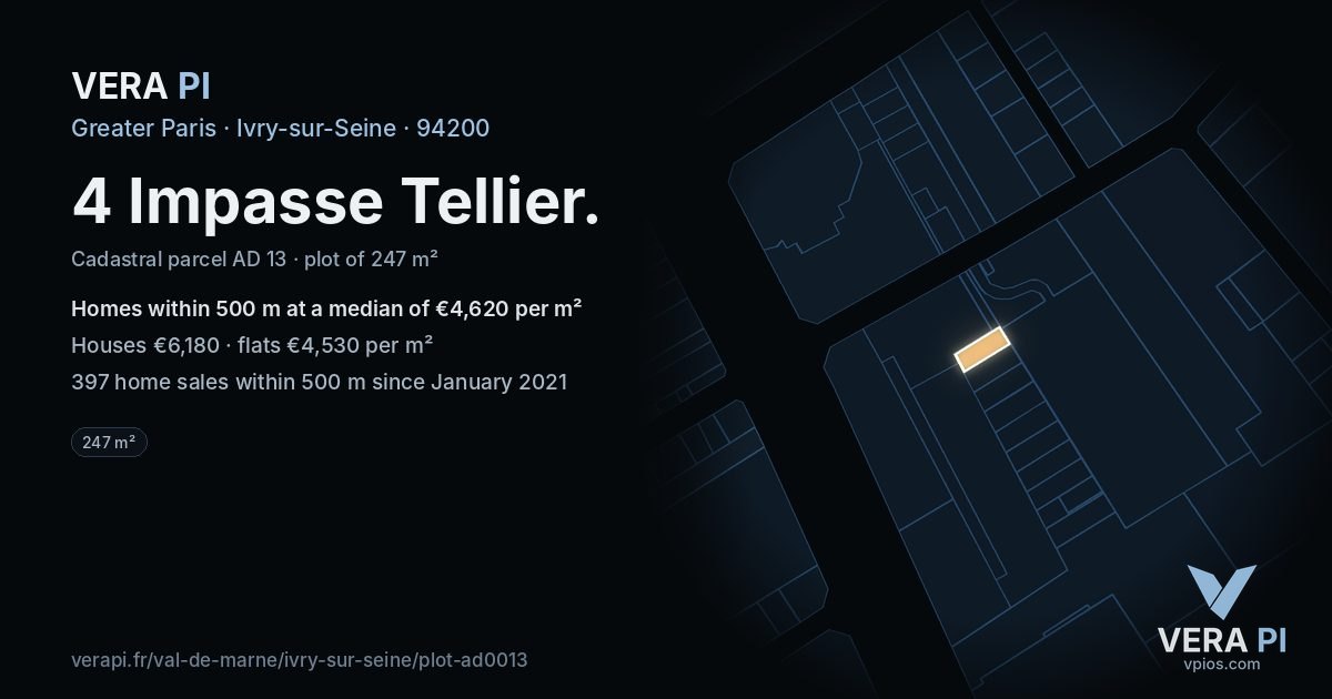 4 Impasse Tellier, Ivry-sur-Seine at night – the plot lit, the parcels around coloured by the prices near them
