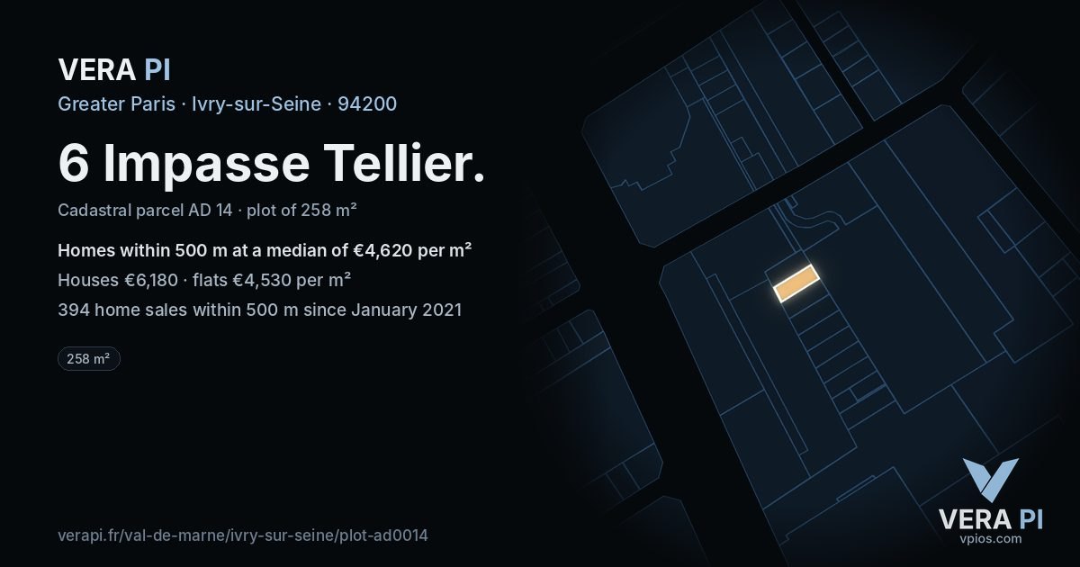 6 Impasse Tellier, Ivry-sur-Seine at night – the plot lit, the parcels around coloured by the prices near them