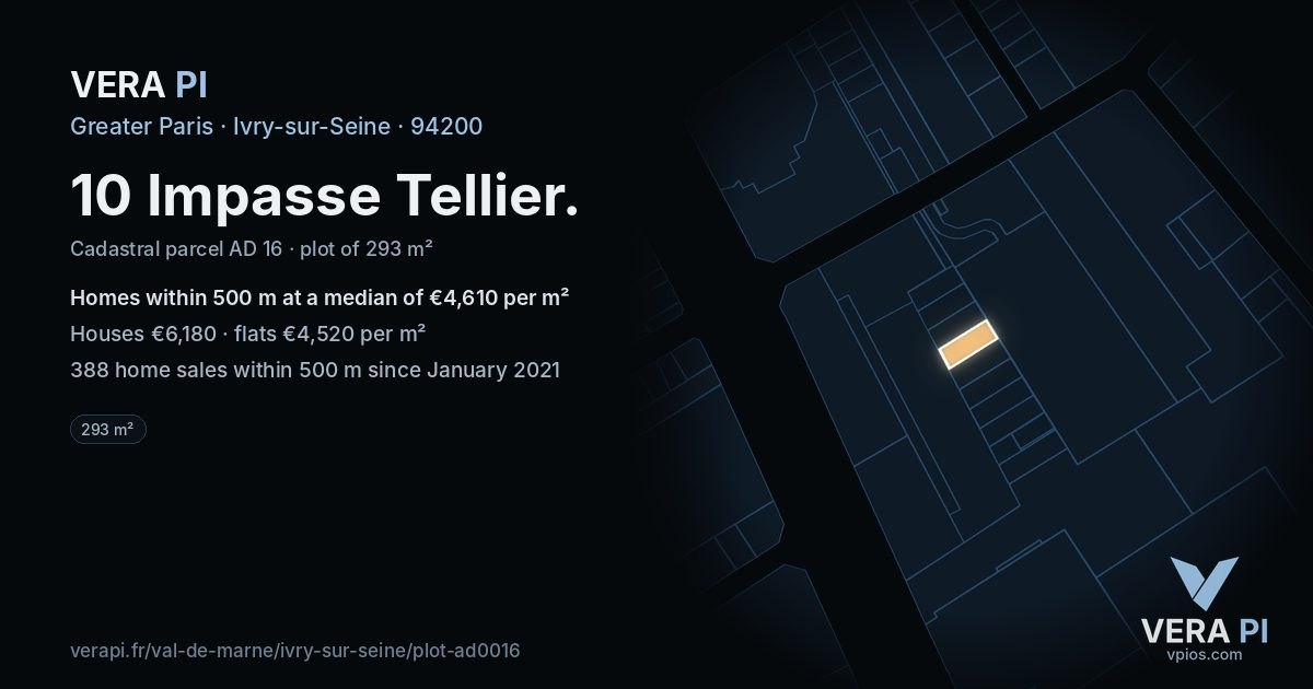 10 Impasse Tellier, Ivry-sur-Seine at night – the plot lit, the parcels around coloured by the prices near them