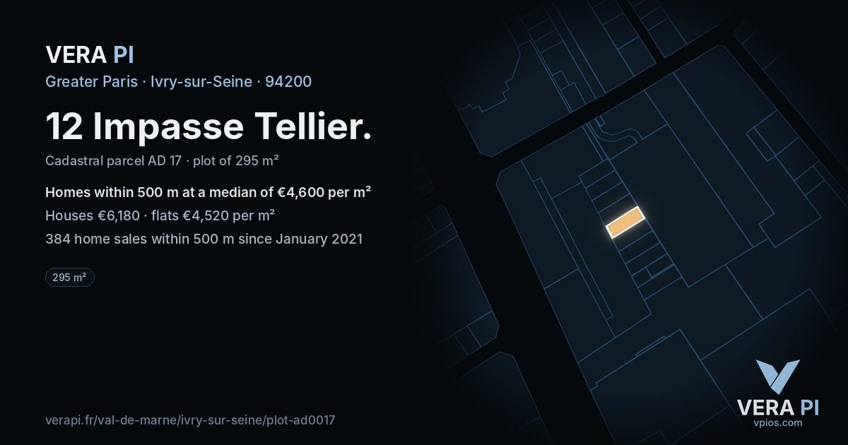 12 Impasse Tellier, Ivry-sur-Seine at night – the plot lit, the parcels around coloured by the prices near them