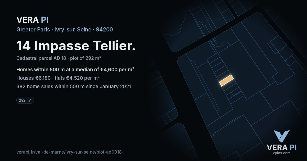 14 Impasse Tellier, Ivry-sur-Seine at night – the plot lit, the parcels around coloured by the prices near them