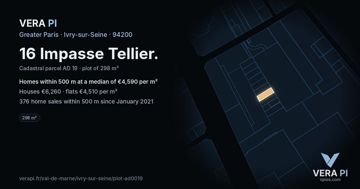 16 Impasse Tellier, Ivry-sur-Seine at night – the plot lit, the parcels around coloured by the prices near them