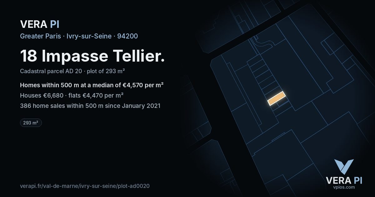 18 Impasse Tellier, Ivry-sur-Seine at night – the plot lit, the parcels around coloured by the prices near them