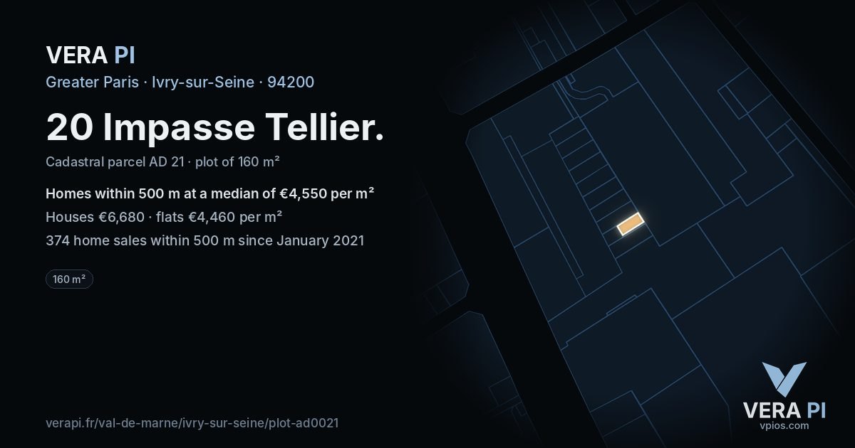 20 Impasse Tellier, Ivry-sur-Seine at night – the plot lit, the parcels around coloured by the prices near them
