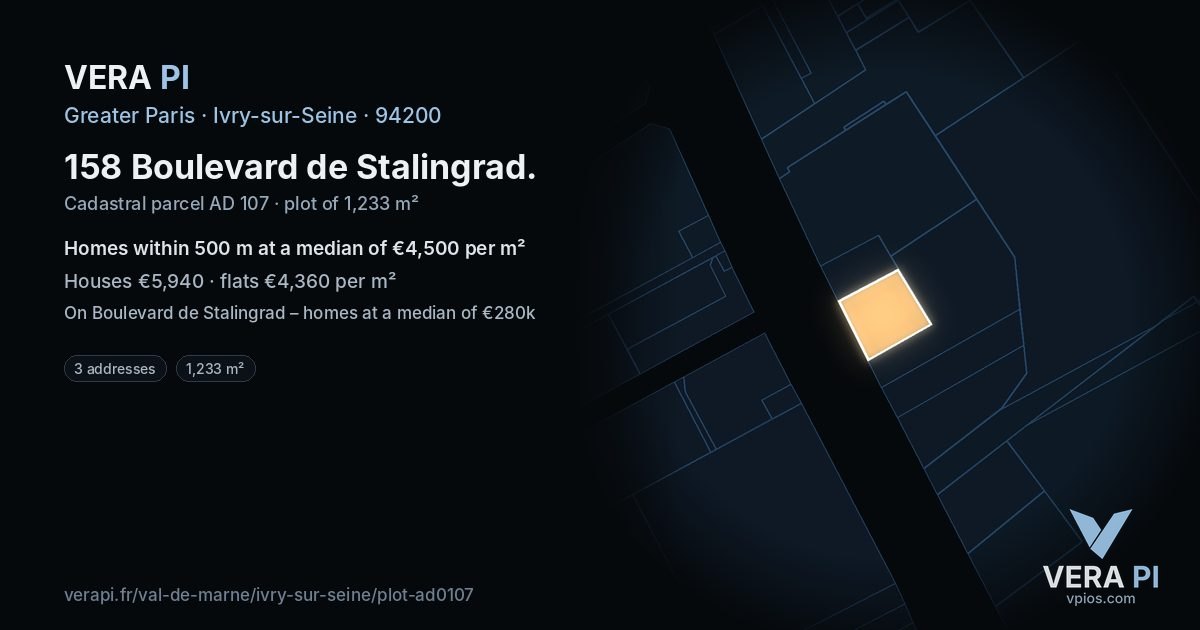 158 Boulevard de Stalingrad, Ivry-sur-Seine at night – the plot lit, the parcels around coloured by the prices near them