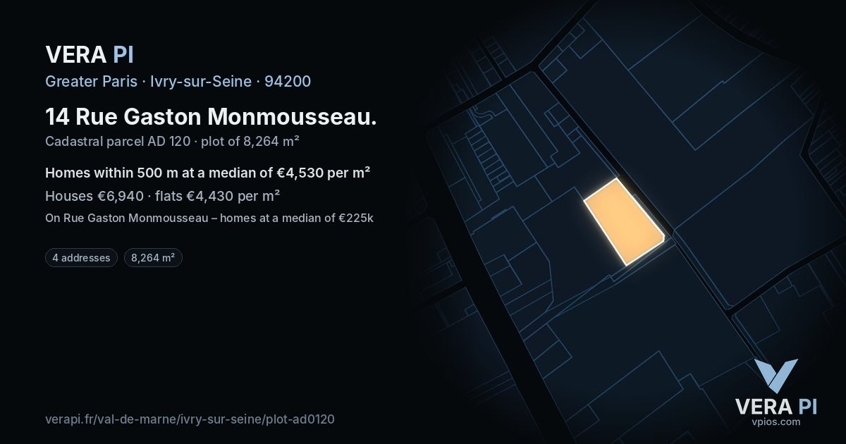14 Rue Gaston Monmousseau, Ivry-sur-Seine at night – the plot lit, the parcels around coloured by the prices near them
