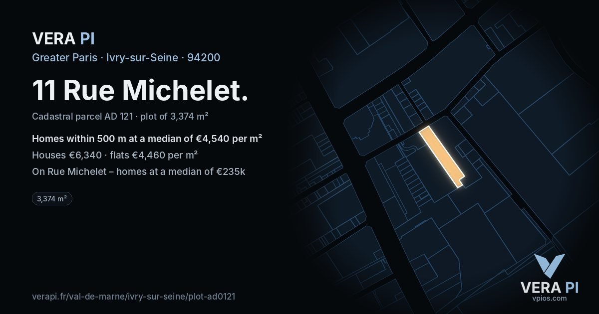 11 Rue Michelet, Ivry-sur-Seine at night – the plot lit, the parcels around coloured by the prices near them