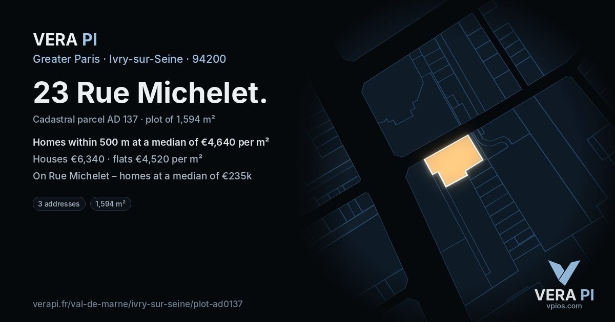 23 Rue Michelet, Ivry-sur-Seine at night – the plot lit, the parcels around coloured by the prices near them