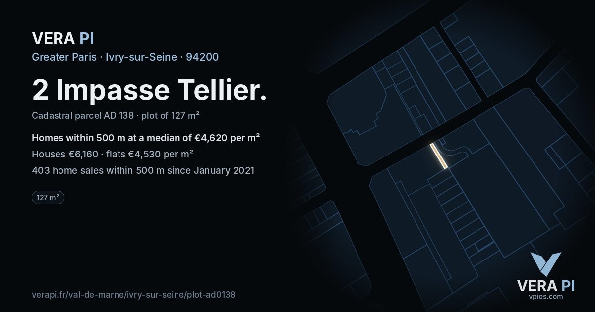 2 Impasse Tellier, Ivry-sur-Seine at night – the plot lit, the parcels around coloured by the prices near them