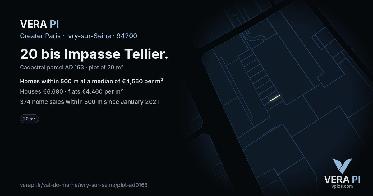 20 bis Impasse Tellier, Ivry-sur-Seine at night – the plot lit, the parcels around coloured by the prices near them