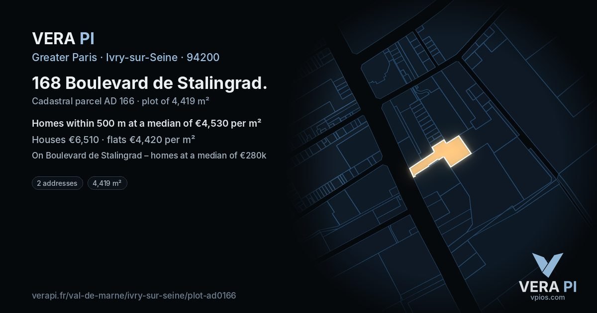 168 Boulevard de Stalingrad, Ivry-sur-Seine at night – the plot lit, the parcels around coloured by the prices near them