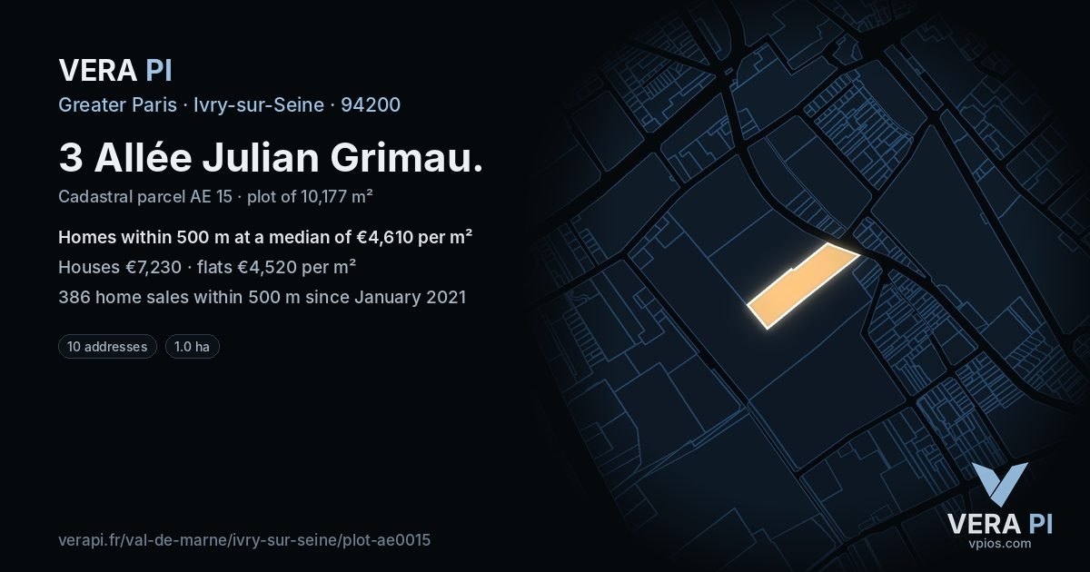 3 Allée Julian Grimau, Ivry-sur-Seine at night – the plot lit, the parcels around coloured by the prices near them