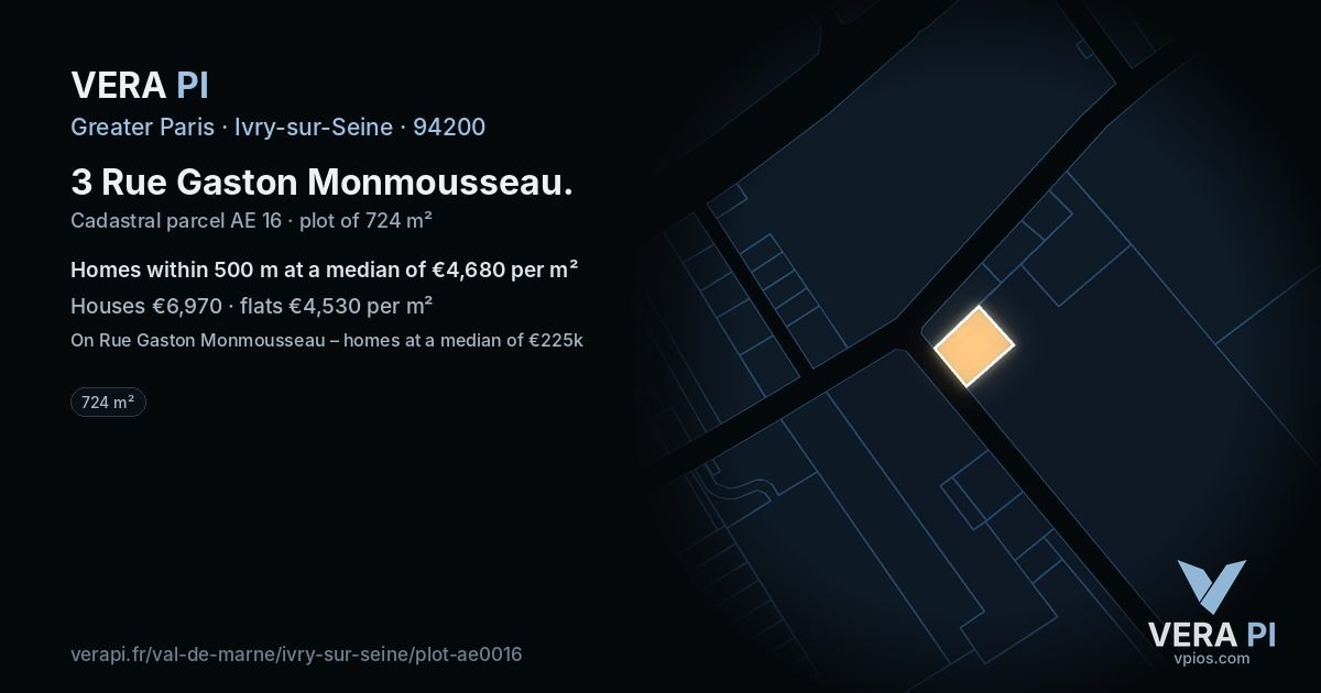 3 Rue Gaston Monmousseau, Ivry-sur-Seine at night – the plot lit, the parcels around coloured by the prices near them