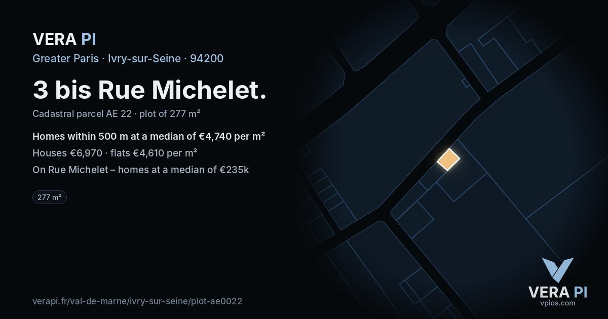3 bis Rue Michelet, Ivry-sur-Seine at night – the plot lit, the parcels around coloured by the prices near them