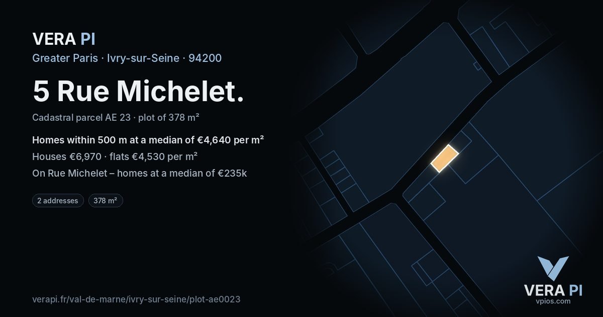5 Rue Michelet, Ivry-sur-Seine at night – the plot lit, the parcels around coloured by the prices near them