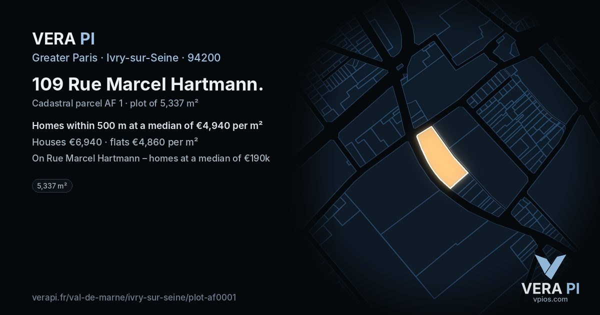 109 Rue Marcel Hartmann, Ivry-sur-Seine at night – the plot lit, the parcels around coloured by the prices near them