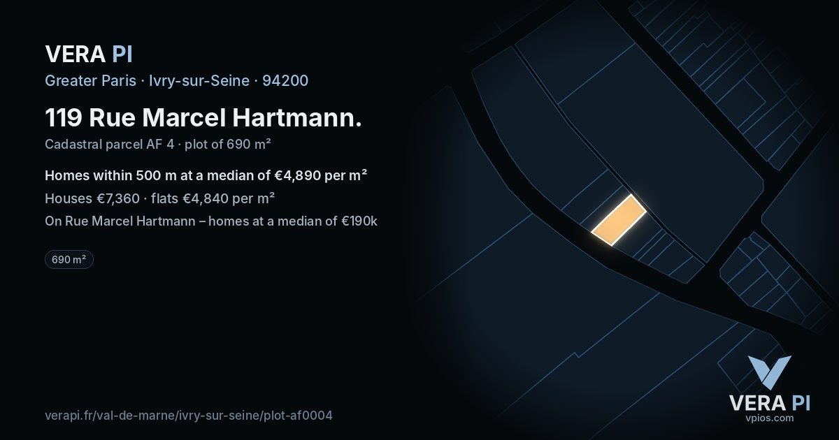 119 Rue Marcel Hartmann, Ivry-sur-Seine at night – the plot lit, the parcels around coloured by the prices near them