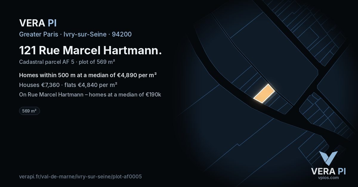 121 Rue Marcel Hartmann, Ivry-sur-Seine at night – the plot lit, the parcels around coloured by the prices near them