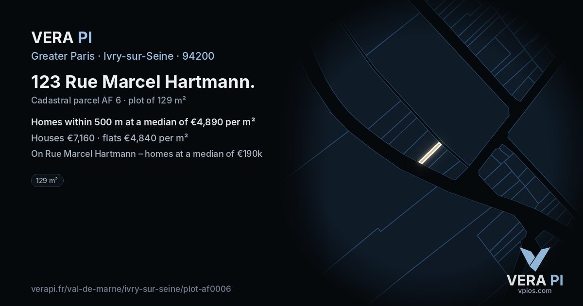 123 Rue Marcel Hartmann, Ivry-sur-Seine at night – the plot lit, the parcels around coloured by the prices near them
