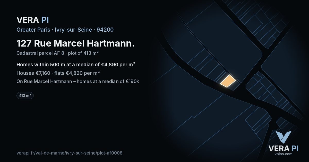 127 Rue Marcel Hartmann, Ivry-sur-Seine at night – the plot lit, the parcels around coloured by the prices near them