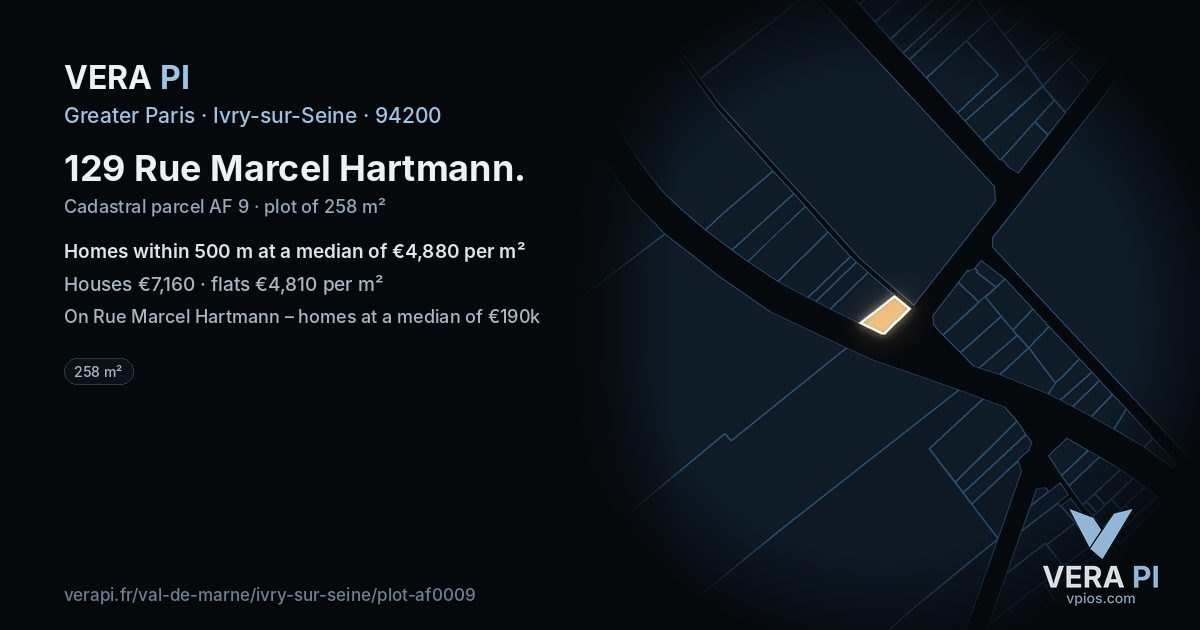 129 Rue Marcel Hartmann, Ivry-sur-Seine at night – the plot lit, the parcels around coloured by the prices near them