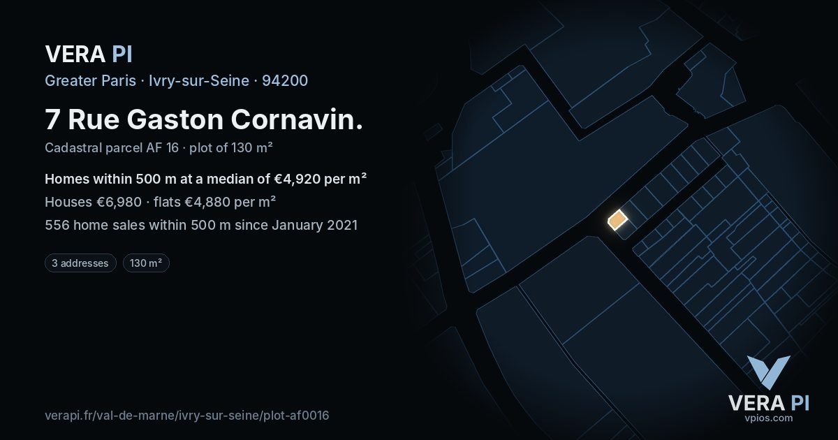 7 Rue Gaston Cornavin, Ivry-sur-Seine at night – the plot lit, the parcels around coloured by the prices near them