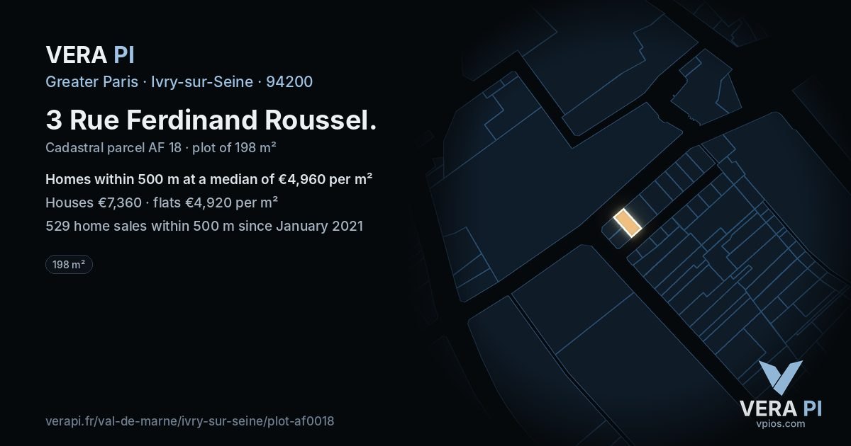 3 Rue Ferdinand Roussel, Ivry-sur-Seine at night – the plot lit, the parcels around coloured by the prices near them