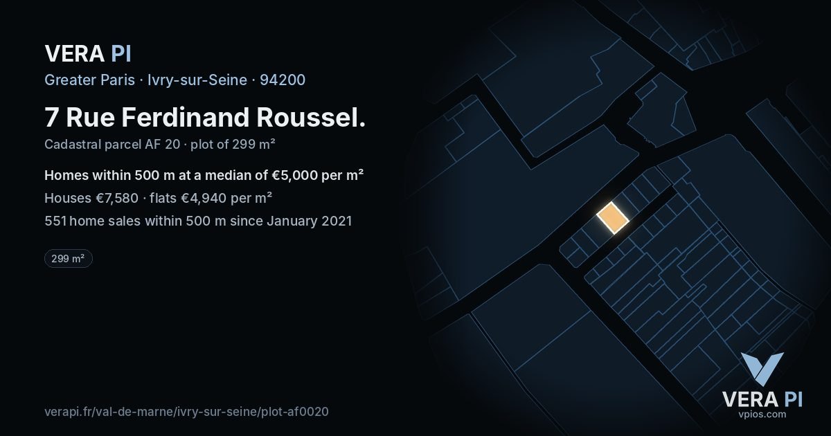 7 Rue Ferdinand Roussel, Ivry-sur-Seine at night – the plot lit, the parcels around coloured by the prices near them